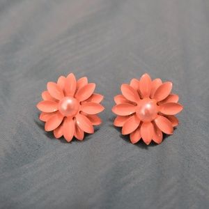 Pink flower earrings with pearl center